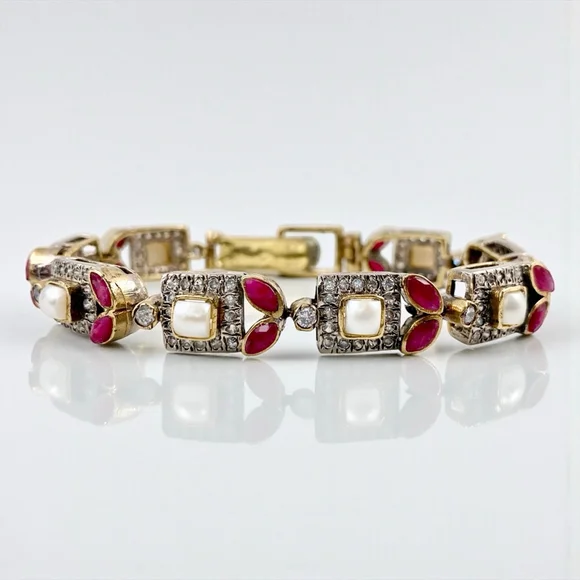 Vintage Mughal Revival Bracelet, Natural Ruby Pearl Diamond Gold Vermeil, Indian - Picture 6 of 11